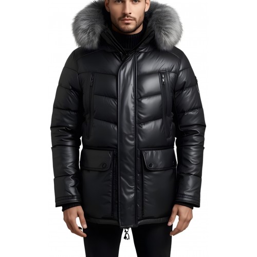 Doudoune trois quart homme en  cuir d'agneau noir capuche amovible bords renard argenté véritable modèle Loula