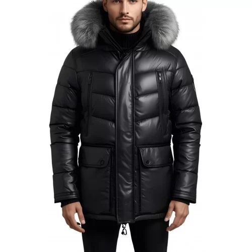 Doudoune trois quart homme en cuir d'agneau noir capuche amovible bords renard argenté véritable modèle Loula