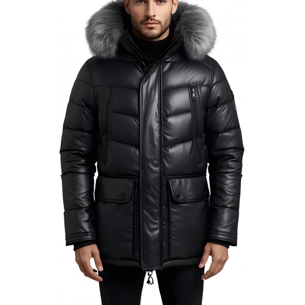 Doudoune trois quart homme en  cuir d'agneau noir capuche amovible bords renard argenté véritable modèle Loula