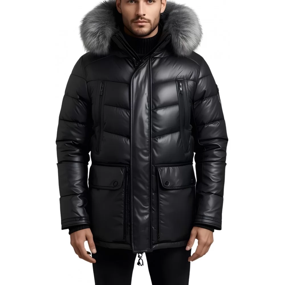 Doudoune trois quart homme en cuir d'agneau noir capuche amovible bords renard argenté véritable modèle Loula