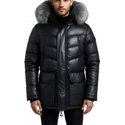 Doudoune trois quart homme en  cuir d'agneau noir capuche amovible bords renard argenté véritable modèle Loula