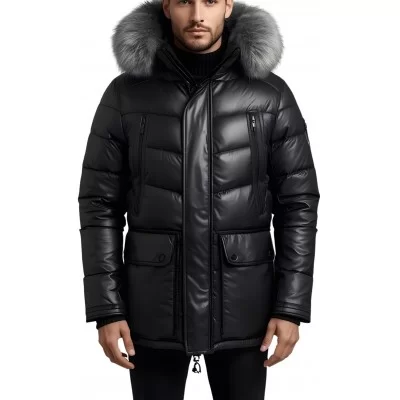 Doudoune trois quart homme en cuir d'agneau noir capuche amovible bords renard argenté véritable modèle Loula