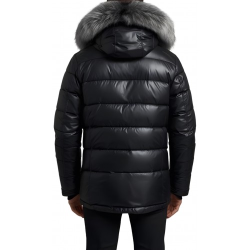 Doudoune trois quart homme en  cuir d'agneau noir capuche amovible bords renard argenté véritable modèle Loula