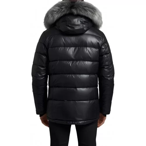 Doudoune trois quart homme en cuir d'agneau noir capuche amovible bords renard argenté véritable modèle Loula
