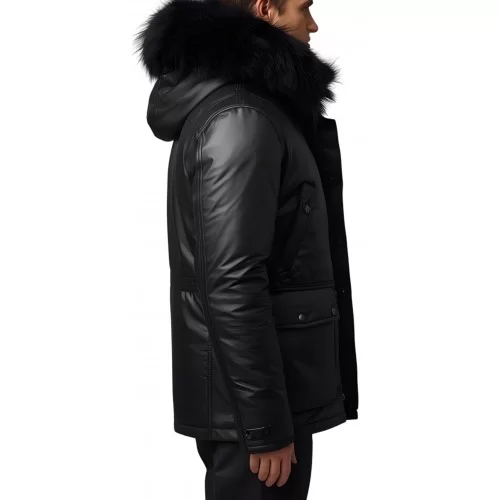 Doudoune trois quart homme en m cuir d'agneau noir capuche amovible bords renard noir véritable modèle Cerly