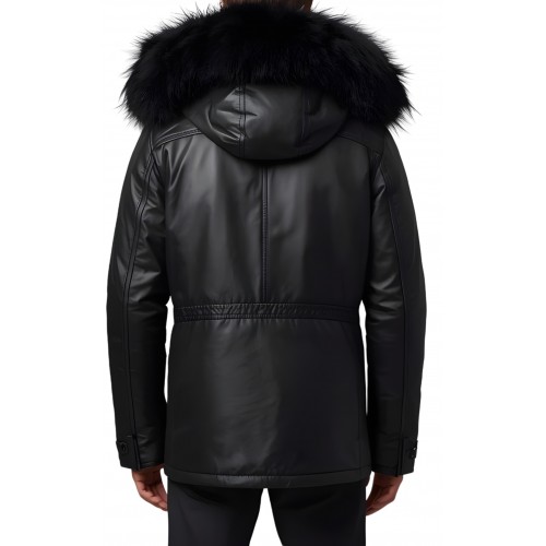 Doudoune trois quart homme en m cuir d'agneau noir capuche amovible bords renard noir véritable modèle Cerly