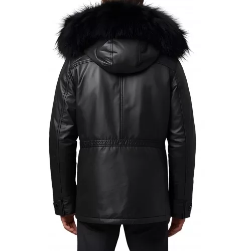 Doudoune trois quart homme en m cuir d'agneau noir capuche amovible bords renard noir véritable modèle Cerly