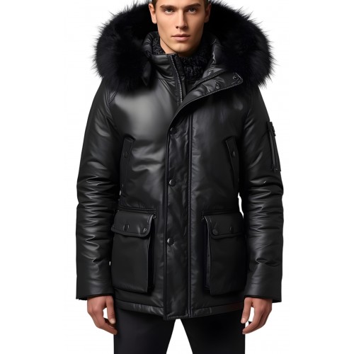 Doudoune trois quart homme en m cuir d'agneau noir capuche amovible bords renard noir véritable modèle Cerly