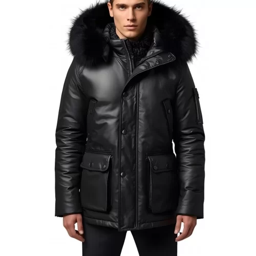 Doudoune trois quart homme en m cuir d'agneau noir capuche amovible bords renard noir véritable modèle Cerly