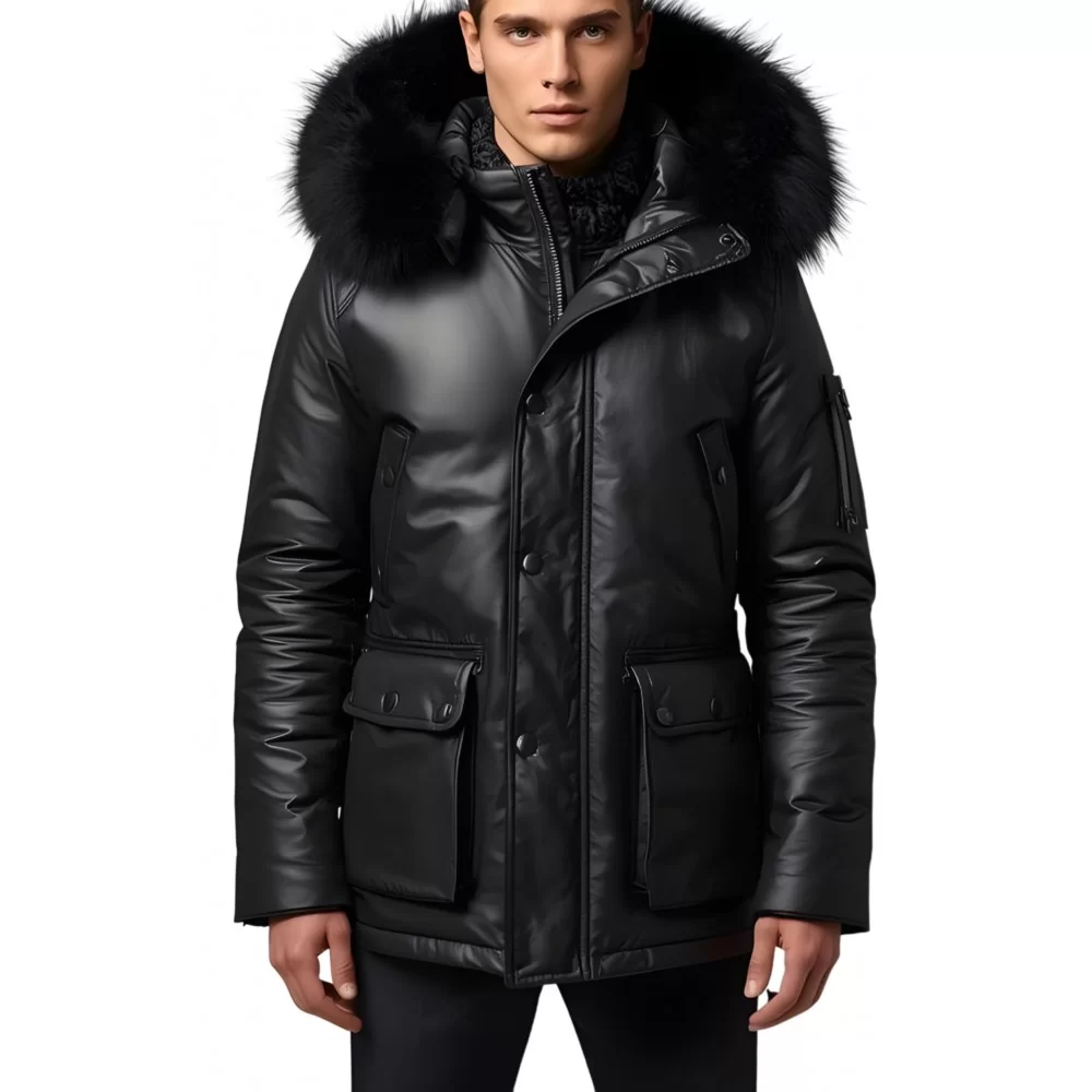 Doudoune trois quart homme en m cuir d'agneau noir capuche amovible bords renard noir véritable modèle Cerly