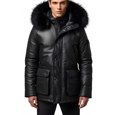 Doudoune trois quart homme en m cuir d'agneau noir capuche amovible bords renard noir véritable modèle Cerly