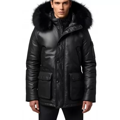 Doudoune trois quart homme en m cuir d'agneau noir capuche amovible bords renard noir véritable modèle Cerly