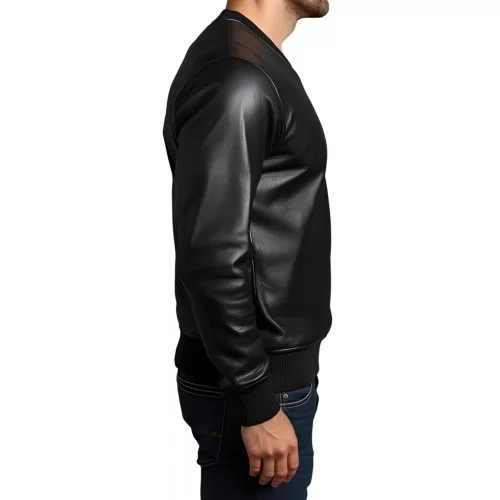 Sweat shirt homme manches longues en cuir d'agneau noir modèle Azimore