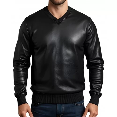 Sweat shirt homme manches longues en cuir d'agneau noir modèle Azimore