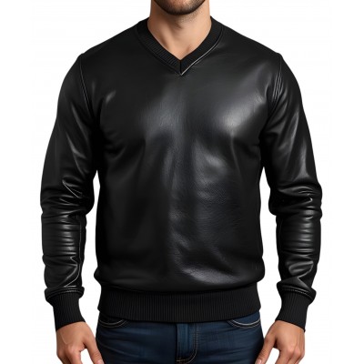 Sweat shirt homme manches longues en cuir d'agneau noir modèle Azimore