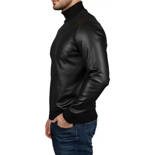 Sweat shirt homme manches longues en cuir d'agneau noir modèle Brunozi