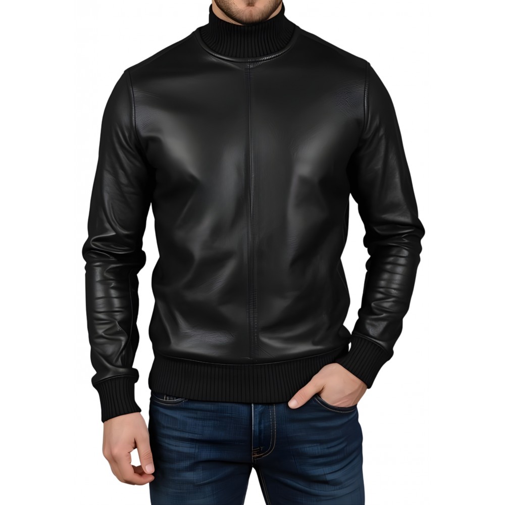 Sweat shirt homme manches longues en cuir d'agneau noir modèle Brunozi