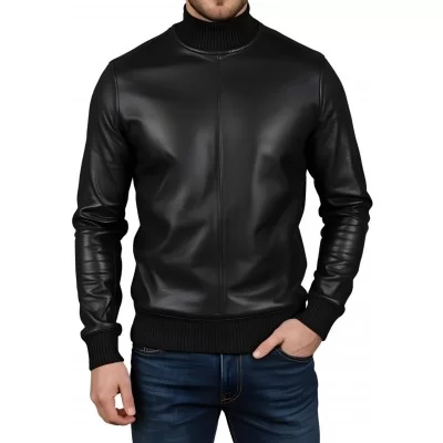 Sweat shirt homme manches longues en cuir d'agneau noir modèle Brunozi