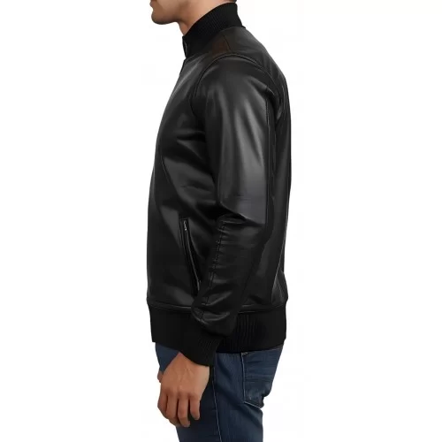 Sweat shirt homme manches longues en cuir d'agneau noir modèle Ignacio