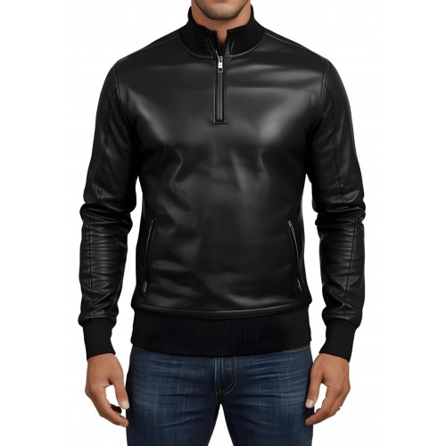 Sweat shirt homme manches longues en cuir d'agneau noir modèle Ignacio