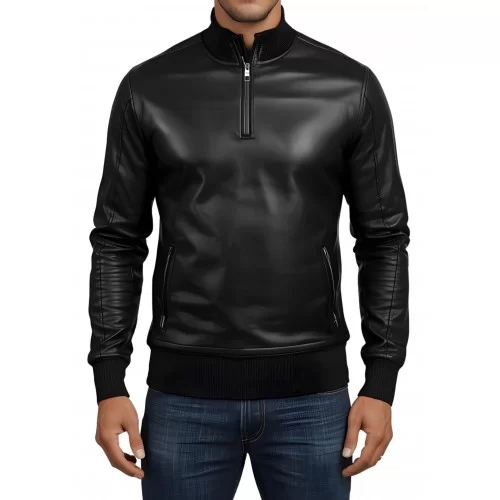 Sweat shirt homme manches longues en cuir d'agneau noir modèle Ignacio