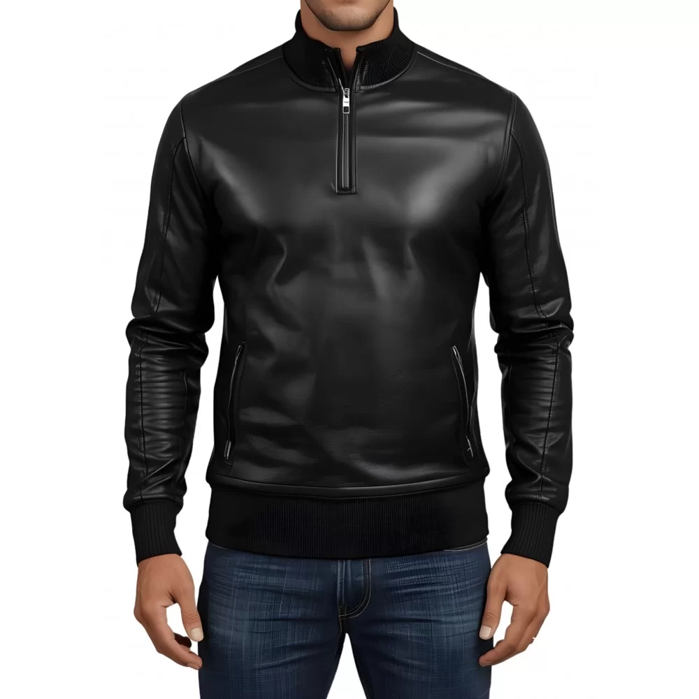 Sweat shirt homme manches longues en cuir d'agneau noir modèle Ignacio