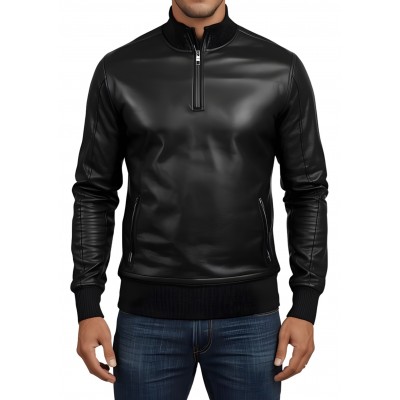 Sweat shirt homme manches longues en cuir d'agneau noir modèle Ignacio