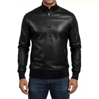 Sweat shirt homme manches longues en cuir d'agneau noir modèle Ignacio