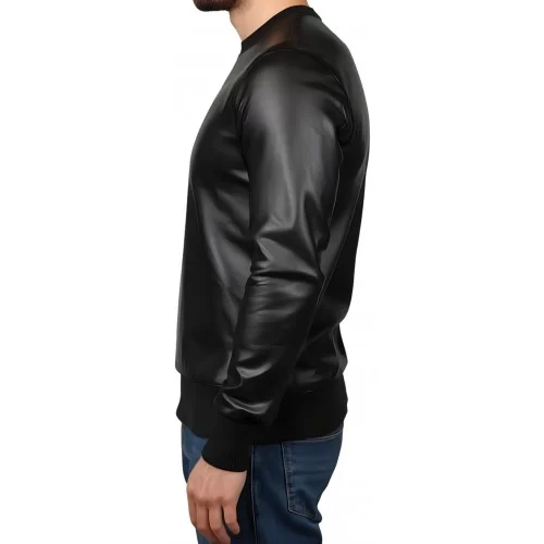 Sweat shirt homme manches longues en cuir d'agneau noir modèle Robert