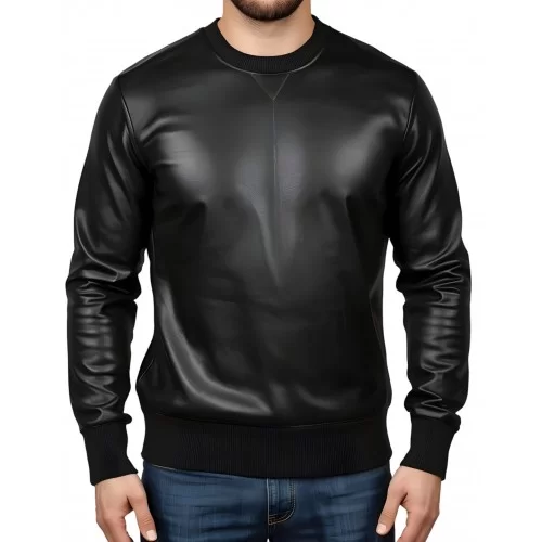 Sweat shirt homme manches longues en cuir d'agneau noir modèle Robert