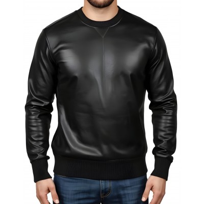 Sweat shirt homme manches longues en cuir d'agneau noir modèle Robert