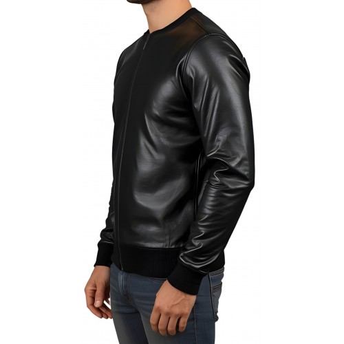 Sweat shirt homme manches longues en cuir d'agneau noir avec zip modèle Giril