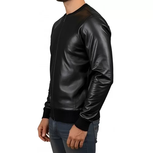 Sweat shirt homme manches longues en cuir d'agneau noir avec zip modèle Giril