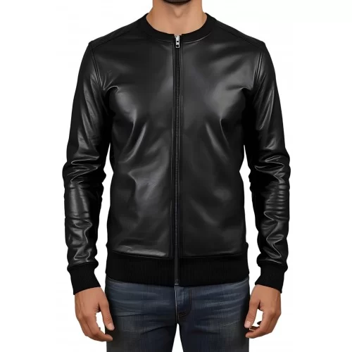 Sweat shirt homme manches longues en cuir d'agneau noir avec zip modèle Giril