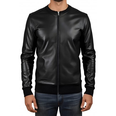 Sweat shirt homme manches longues en cuir d'agneau noir avec zip modèle Giril