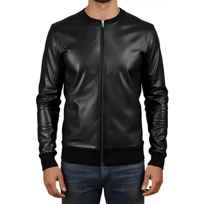 Sweat shirt homme manches longues en cuir d'agneau noir avec zip modèle Giril