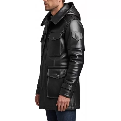 Trois quart cuir homme veste de combat en agneau noir avec capuche modèle Giro