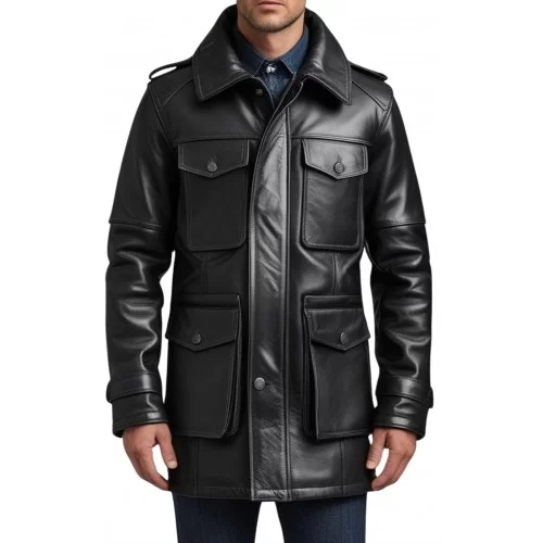 Trois quart cuir homme veste de combat en agneau noir avec capuche modèle Giro