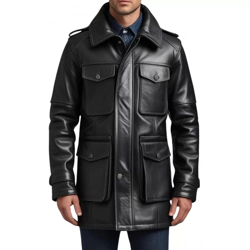 Trois quart cuir homme veste de combat en agneau noir avec capuche modèle Giro