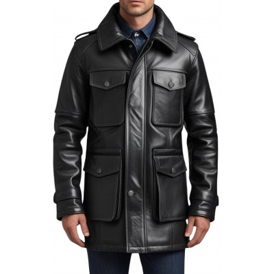 Trois quart cuir homme veste de combat en agneau noir avec capuche modèle Giro
