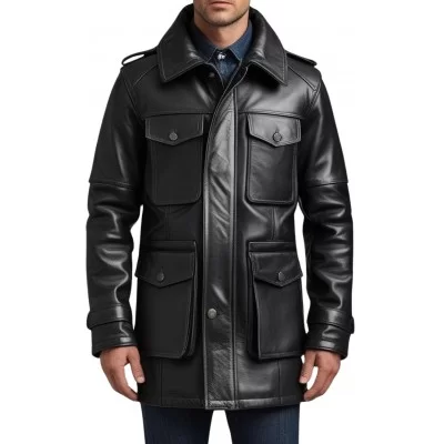 Trois quart cuir homme veste de combat en agneau noir avec capuche modèle Giro