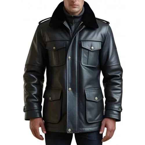 Trois quart cuir homme veste de combat en mouton noir avec col en mouton noir modèle Zilia