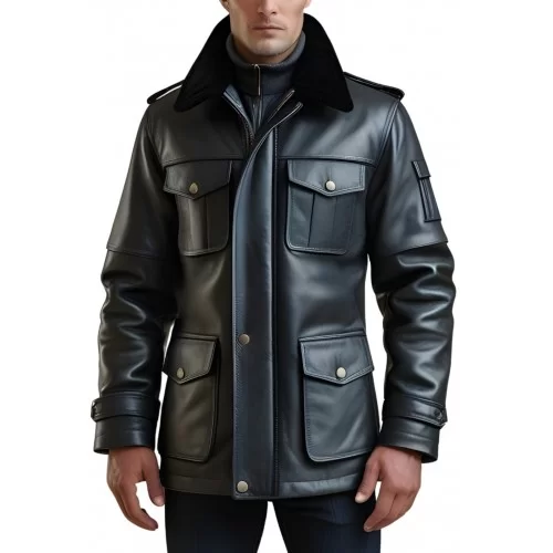 Trois quart cuir homme veste de combat en mouton noir avec col en mouton noir modèle Zilia