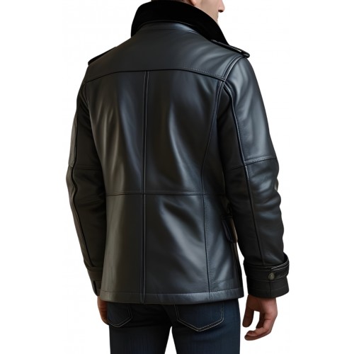 Trois quart cuir homme veste de combat en mouton noir avec col en mouton noir modèle Zilia