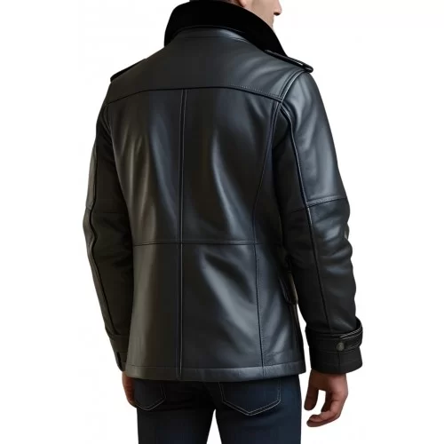 Trois quart cuir homme veste de combat en mouton noir avec col en mouton noir modèle Zilia
