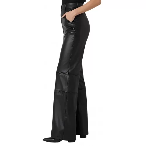 Pantalon femme taille haute en cuir d'agneau noir coupe évasée modèle Kandizia