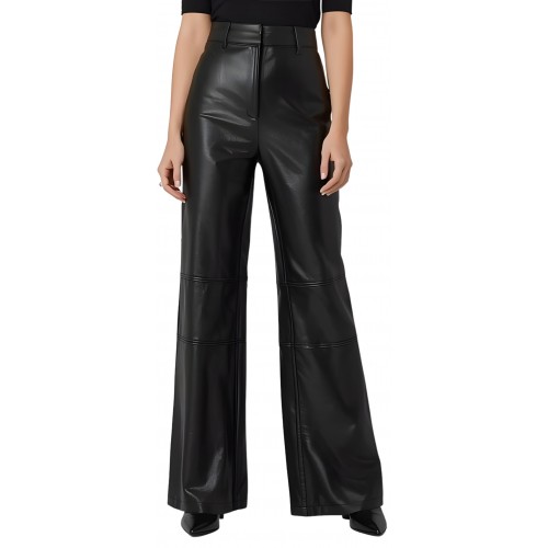 Pantalon femme taille haute en cuir d'agneau noir coupe évasée modèle Kandizia