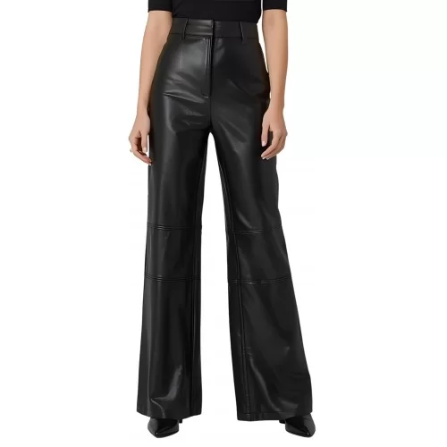 Pantalon femme taille haute en cuir d'agneau noir coupe évasée modèle Kandizia