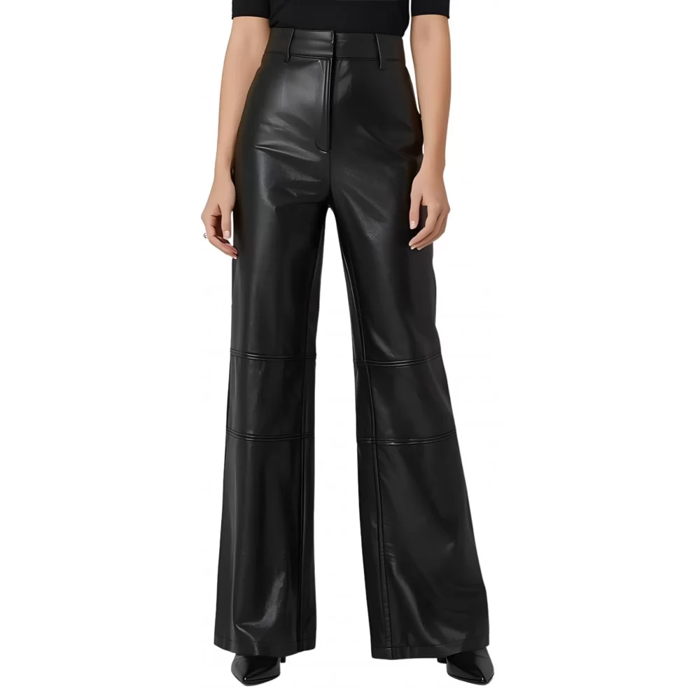 Pantalon femme taille haute en cuir d'agneau noir coupe évasée modèle Kandizia