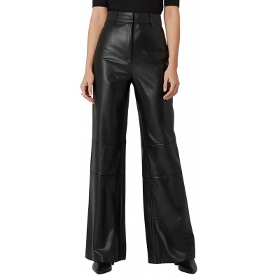 Pantalon femme taille haute en cuir d'agneau noir coupe évasée modèle Kandizia
